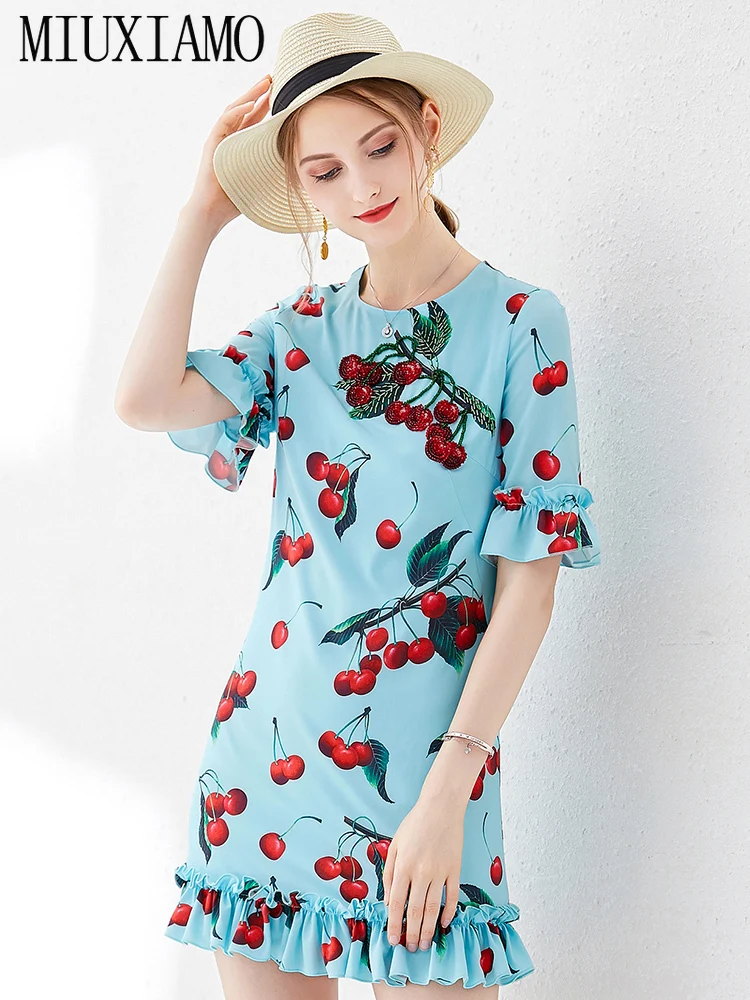MIUXIMAO Top Quality Ruway DesignFall Dress Newest Casual Dresses Women Cherryprint Ruffles Half Sleeve Dress Women