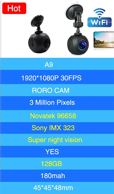 Ainina A9 WiFi Автомобильный видеорегистратор Full-HD 1080p Автомобильный видеорегистратор Встроенный WiFi с приложением, sony сенсор, g-сенсор, WDR