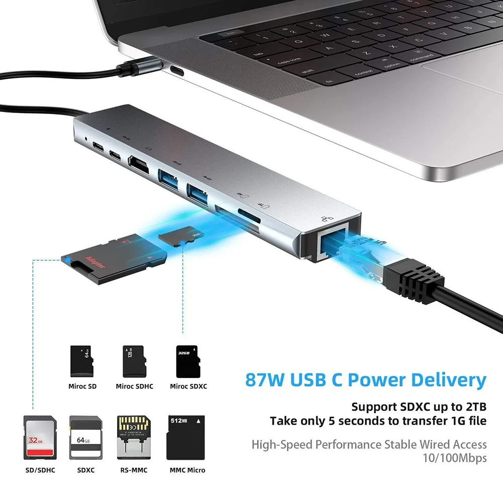 Многофункциональный 8 в 1Type-C до 4 к HDMI RJ45 USB 3,0 TF PD зарядное устройство концентратор адаптер Кардридер Все в одном для ПК компьютер аксессуары