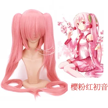 

New hat wigs Anime Cosplay Wig V Sakura Pink Hatsune Miku Double Tiger Clip Straight Ponytail Cos Wig
