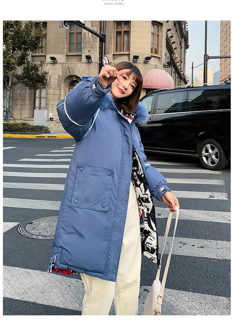 New Full Women Winter Jacket Hood Design Thick Coat Cotton Parka Style Jackets Fur Collar BLueY170016