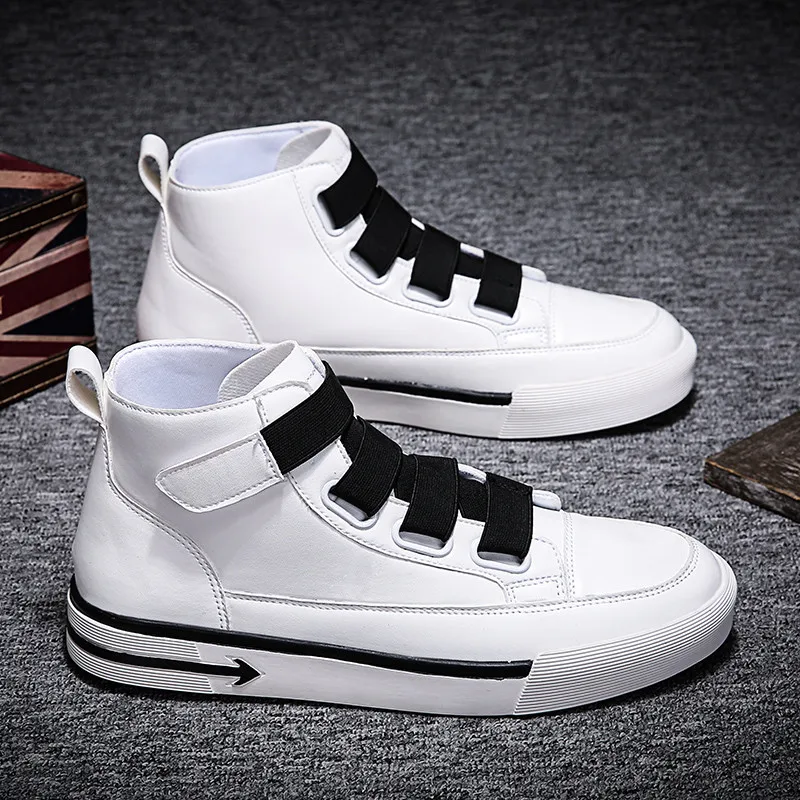 Мужские кроссовки на липучке белые из искусственной кожи высокие резиновой
