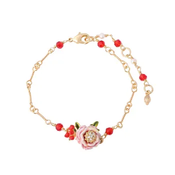 

New Monet Garden Series Christmas Pink Rose Flower Red Fruit Bracelet Enamel Zircon Temperament Gold Plated Jewelry