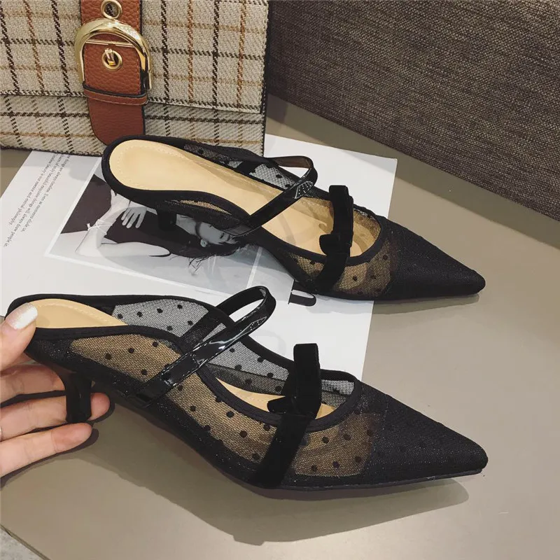 Туфли Wellwalk женские классические шлепанцы на каблуке кружевные заостренный носок