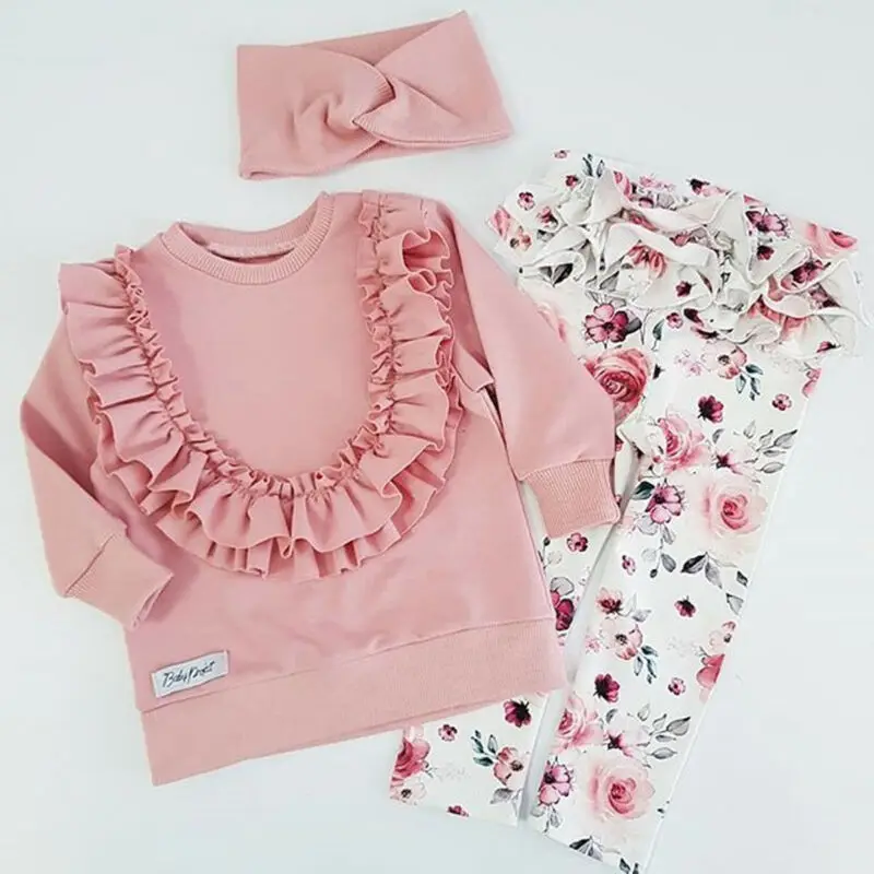 

CANIS Autumn Spring Flower Baby Girls Outfits Long Sleeve Floral Printed Ruffles T-shirt Tops Pants Trousers Headband Clothes