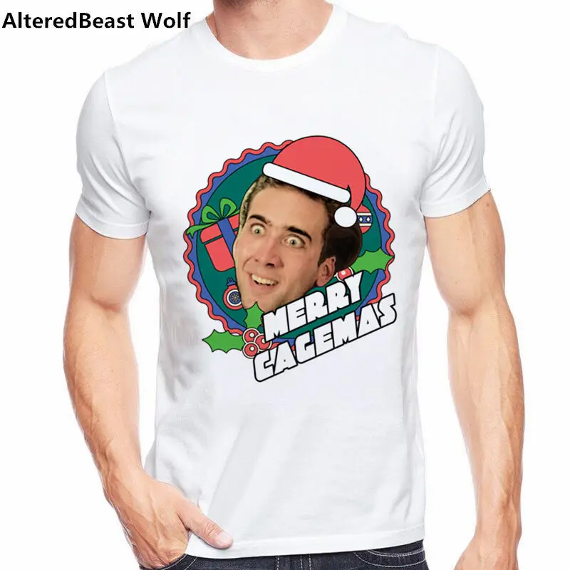 MERRY CAGEMAS, Мужская забавная Футболка с принтом Николя Кейдж, летняя мужская Рождественская футболка, повседневная мужская Футболка harajuku с коротким рукавом, топы