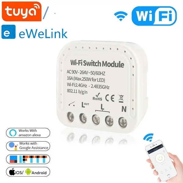 

MINI DIY Smart Wifi Switch Module Tuya/ Ewelink App Control 16A 90V-240V Support An External Switch Works With Alexa Google Home
