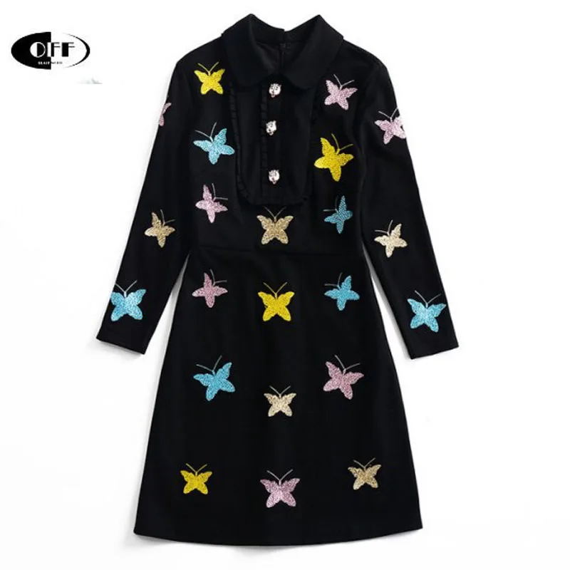 Autumn Women Midi Dress Vintage Butterfly Embroidery Black Ruffles Long Sleeve A-line Retro Traf Vestidos Casual Dresses Female | Женская