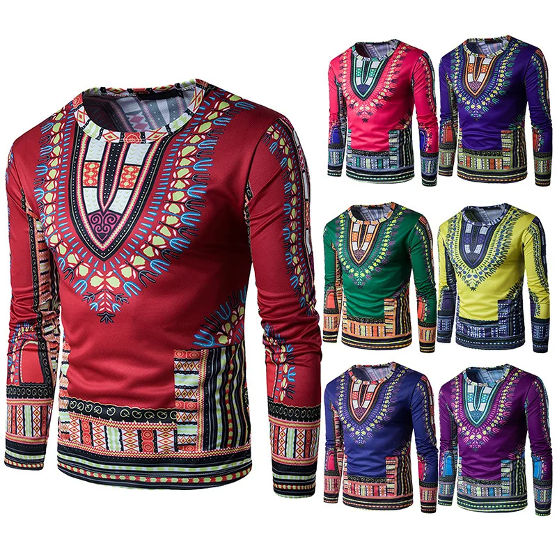 

New Middle East african style Men's Fashion 3D Stereo Fake Two pieces Long sleeves T-shirts with Ethnic Wind Printing JQ-10019