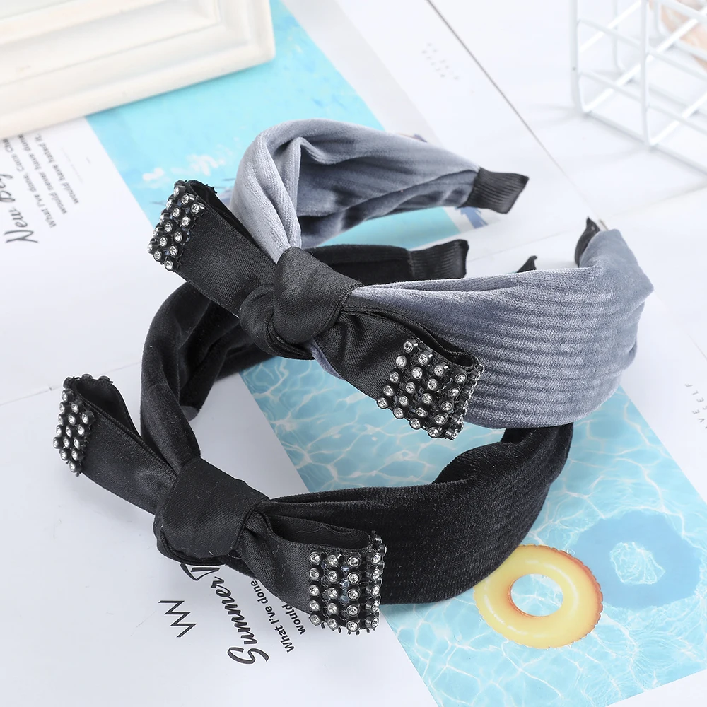 

Cotton Velvet Headband Satin Knotted Bow With Crystal Hairband Solid Color Wide Hair Accessories For Women Bezel Hair Hoop