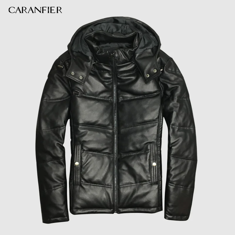 CARANFIER куртки мужские из натуральной кожи утиный пух куртки зимняя верхняя одежда овчина Пальто повседневные однотонные пальто - Цвет: Черный