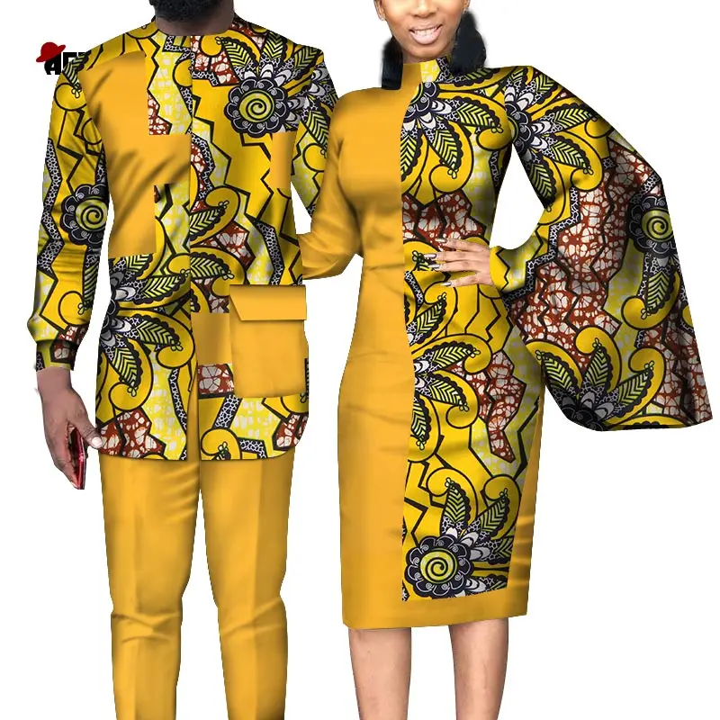 Африканский Базен Пара Одежда женская одежда мужская рубашка Базен Riche Африканский принт стоячий воротник вечерние платья wq312