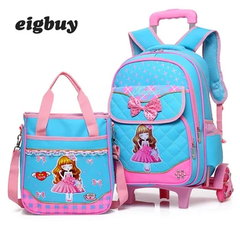 

Fashion 2pcs Set School Backpacks 6 Wheels Children School Bags For Girls Handbag Waterproof Cute Kids Travel Trolley Bookbag