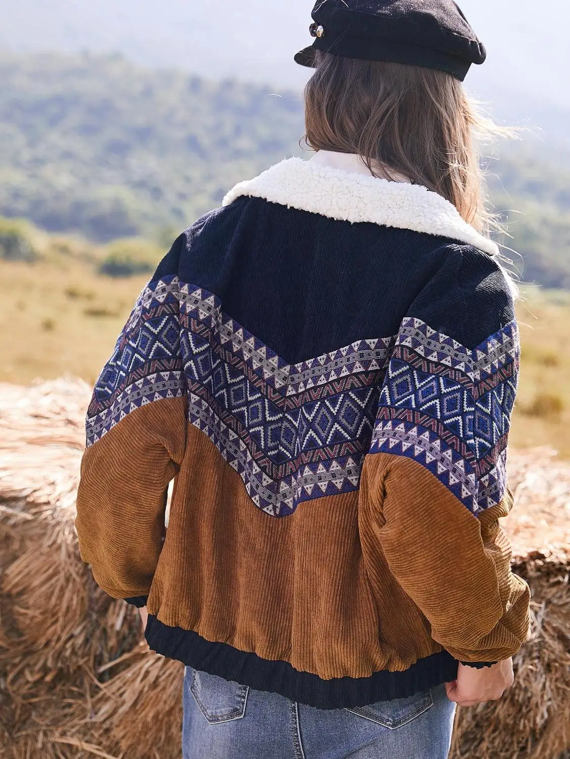 Ideal  ZAFUL Jacket Coats Women Autumn Spring Vintage Outwear Tunic Double Breasted Tribal Print Faux Shea