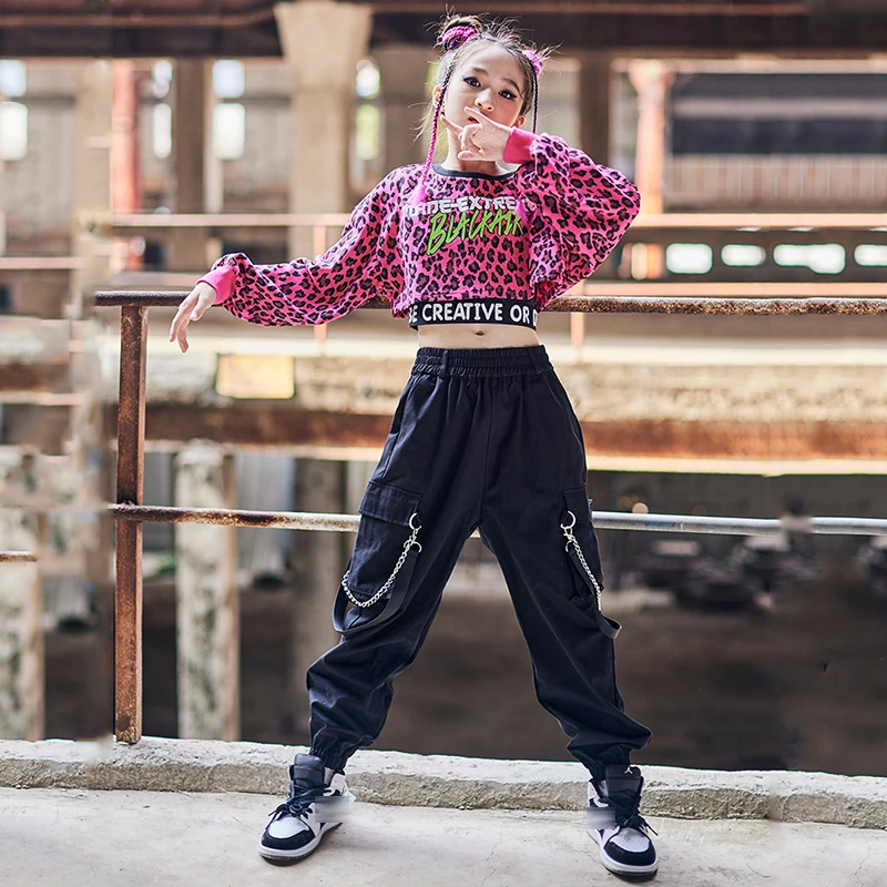 New Jazz Dance Costume Kids Girls Pink Leopard Top Long Sleeves Casual Cargo Pants Hip Hop Dance Clothes Street Rave Wear BL7337