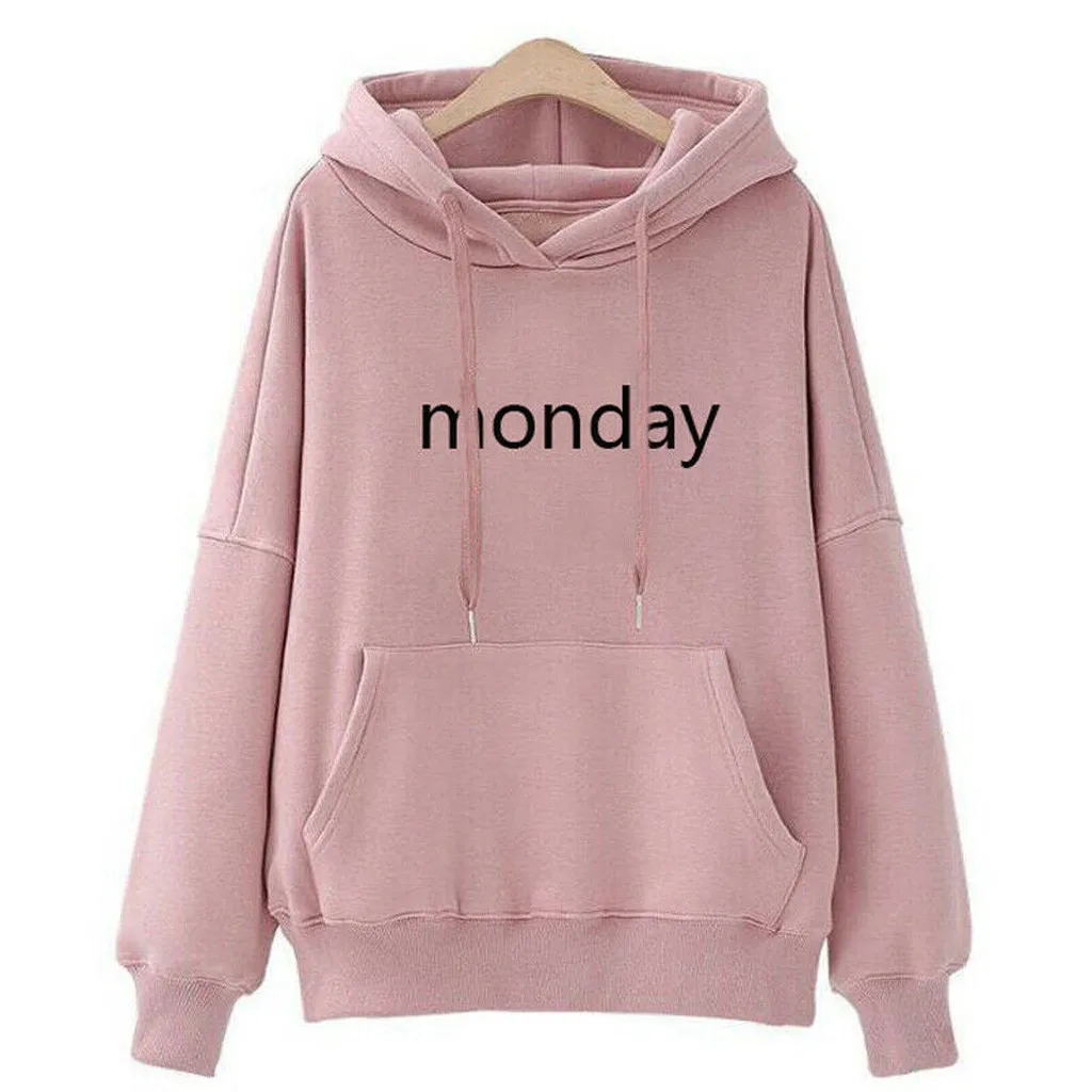 

JAYCOSIN Fashion Women Casual Simple Long Sleeve Sweatshirt Letter Print Pockets Solid Color Comfortable Popular Drawstring Top