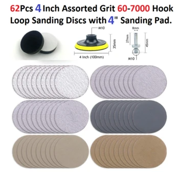 

62Pcs 4 Inch Assorted Grit 60-7000 Hook Loop Sanding Discs With 4\\\\\\\" Sanding Pad Adhesive Plate Support
