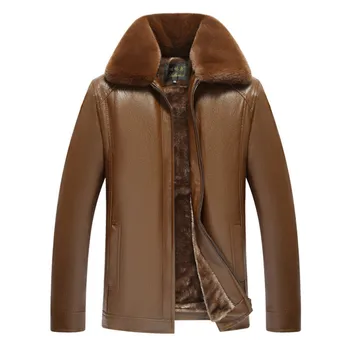 

2019 Men's Winter Artificial Leather Thick Coat Middle-aged Business PU Jacket with Plush Colalr and Lining
