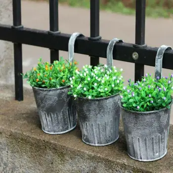 

Vintage Tin Flower Bucket Balcony Flower With Hook Artificial Flower Arrangement Barrel Flower Pot Home garden Decoration