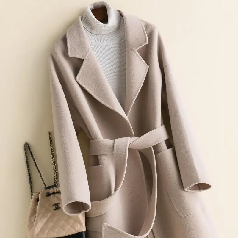 

Women Elegant Long Wool Coat With Belt ddouble-faced Solid Color Long Sleeve Chic Outerwear Ladies Overcoat Autumn Winter 2020