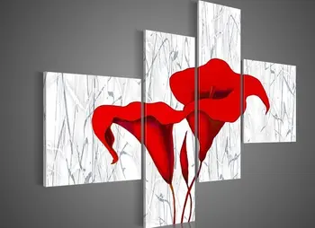 

Handmade 4 Panels Modern Abstract Lily Flower Paintings on Canvas Red Color White Large Floral Wall Art for Living Room Bedroom