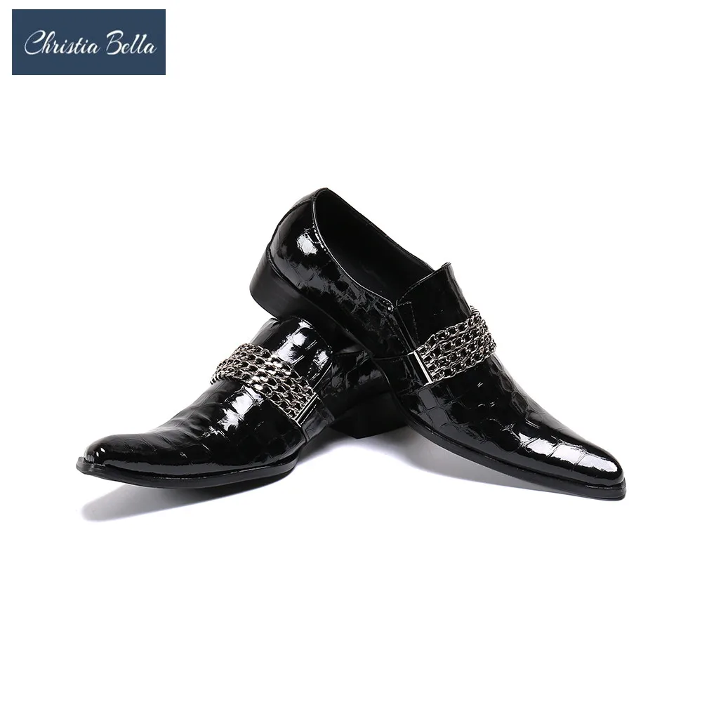 

Christia Bella Gentleman Black Mens Shoes Fashion Chains Genuine Leather Business Shoes Male Slip On Breathable Wedding Shoes