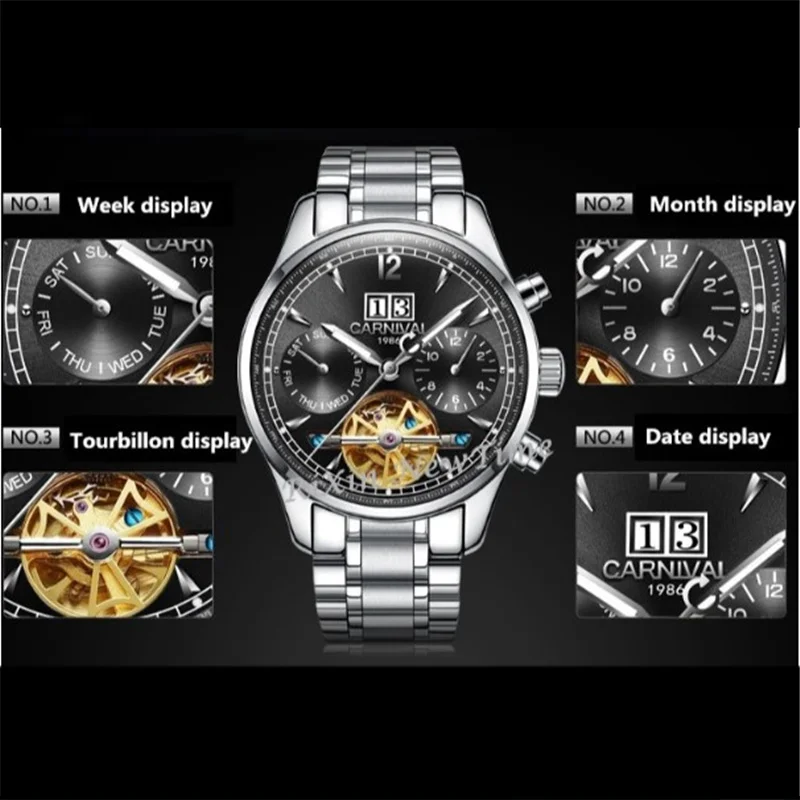 Карнавальный турбийон автоматические механические мужские часы, швейцарские роскошные брендовые сапфировые Водонепроницаемые многофункциональные часы с скелетом