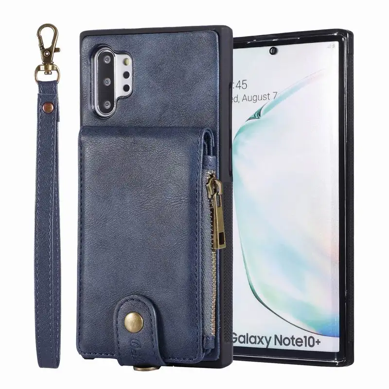 Чехол-Кошелек на молнии для samsung Galaxy Note 10 10+ 5G, ретро чехол из искусственной кожи со слотом для карт, чехол для samsung Note 10 Plus - Цвет: Синий