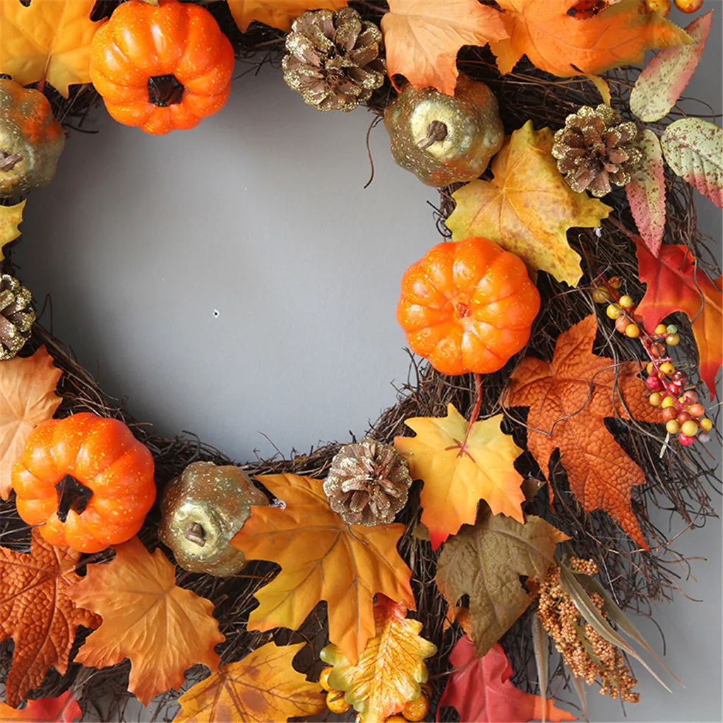 Artificial maple leaves 45CM Maple Leaf Autumn Pumpkin Wreath Har-vest Thanksgiving Halloween DIY Decor#3