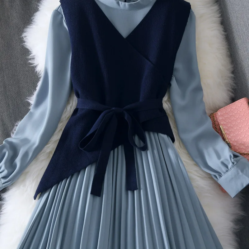 Autumn Winter Dress Suit Women Elegant Long Sleeve Knit Bodycon Mid-Calf Long Sweater Pleated Dress Set Casual Spring