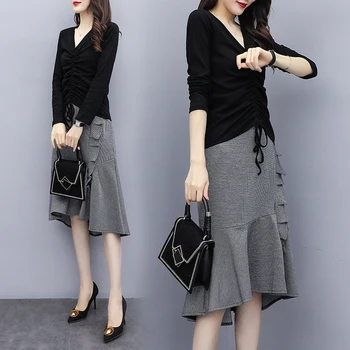 

Plus Size 2019 New Autumn Fashion Women Skirt Slim Fat Mm Atginning Western Style Suits Two-piece Tide Skirts 9063