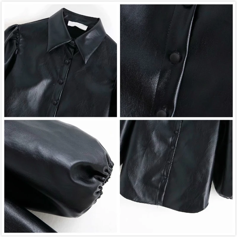 Autumn New Puff sleeve Short Blouse Women Fashion Button Solid Faux Leather Shirts Ladies Casual Black Tops Female Blusas