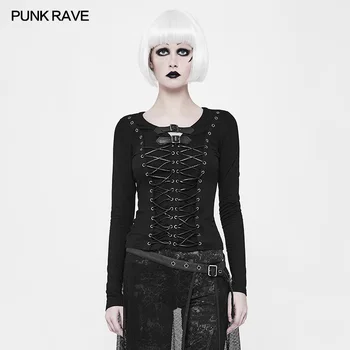 

PUNKRAVE Women's Punk Long Sleeve T-shirt Elastic Knit Personality Complicated Corns Decoration Daily T Shirts