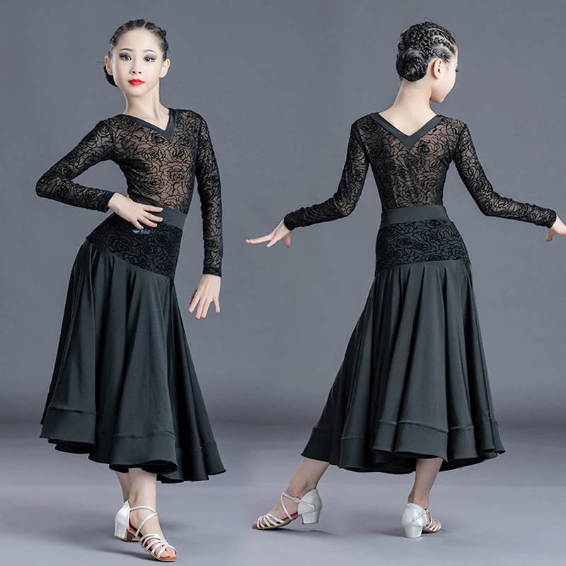 Standard Waltz Dancing Clothing Ballroom Performance Costume Suit Long Sleeve Lace Leotard Stitching Skirt Practice Wear VDB5659