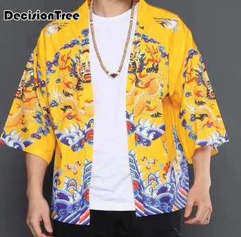 

2020 mens kimono japanese clothes male streetwear casual outwear jackets outwear dragon waves printed chiffon kimono