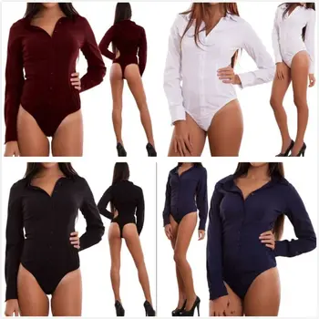 

Women Lady Blouse Long Sleeve Solid Color V Neck Jumpsuit Bodycon Button Shirt Playsuit Body Tops Bodysuit