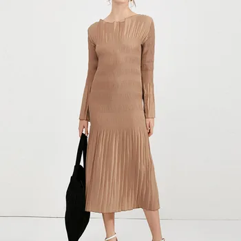 

Pleated Women Midi Dress 2020 Spring and summer Half wrap shoulder flared sleeve Ruffles Soft Long Dresses