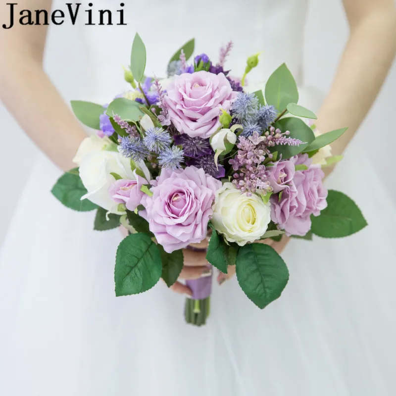 JaneVini fiori sposa фиолетовый букет невесты аксессуары Искусственные розы сушеные цветы Свадебный букет свадебная брошь невесты