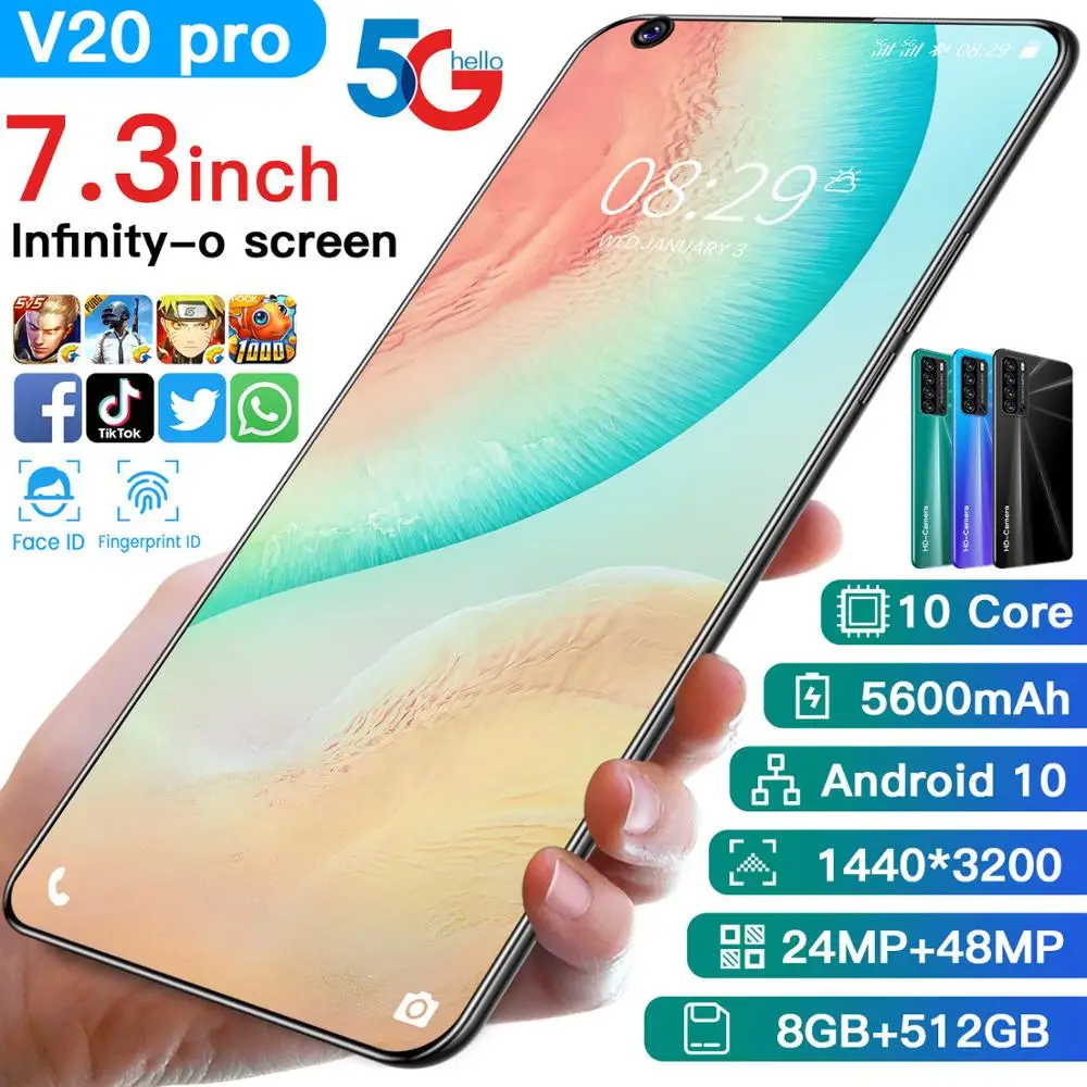New Smartphones 7.3inch V20 Pro 12G 512G 48MP Type-C Plug Face Unlocking Wifi GPS 4G 5G LTE CellPhone Global Version 5600mAh