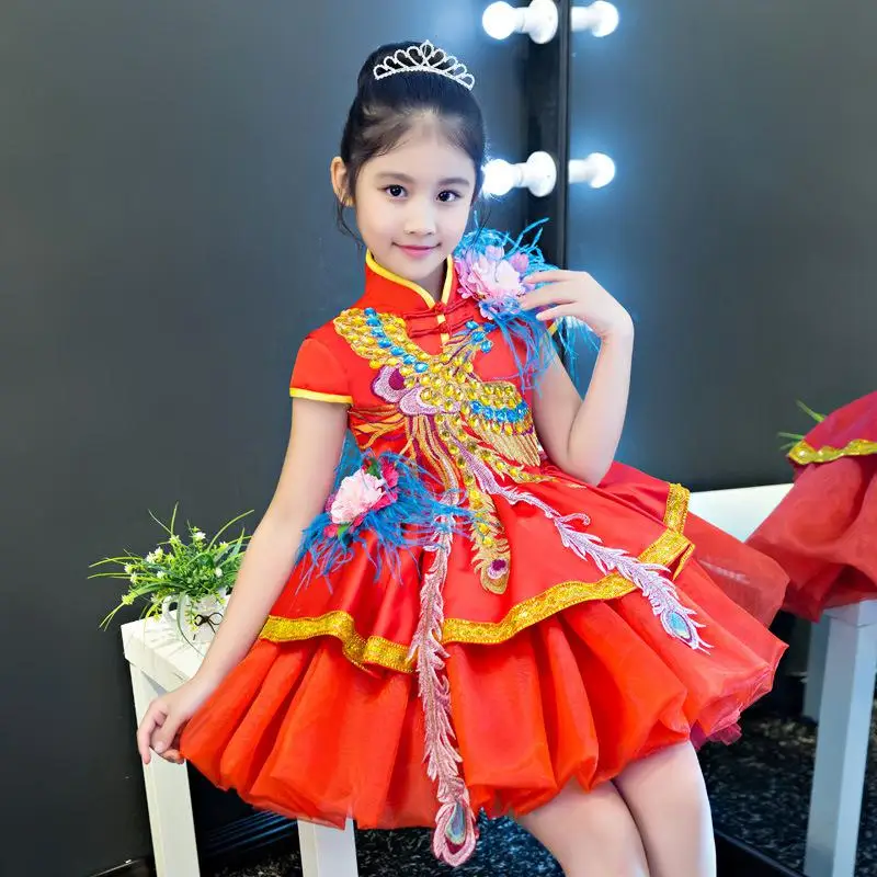Изысканная вышивка для девочек; Qipao; роскошные стразы; красное вечернее платье; китайский стиль; короткий рукав; воротник «Мандарин»; платье для выпускного вечера - Цвет: Red2