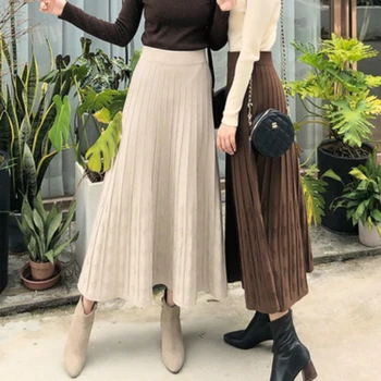 

GUUZYUVIZ 2019 Autumn Winter Jupe Femme High Waist Thicken A-line Knitted Midi Skirts Womens Casual Loose Jupe Longue