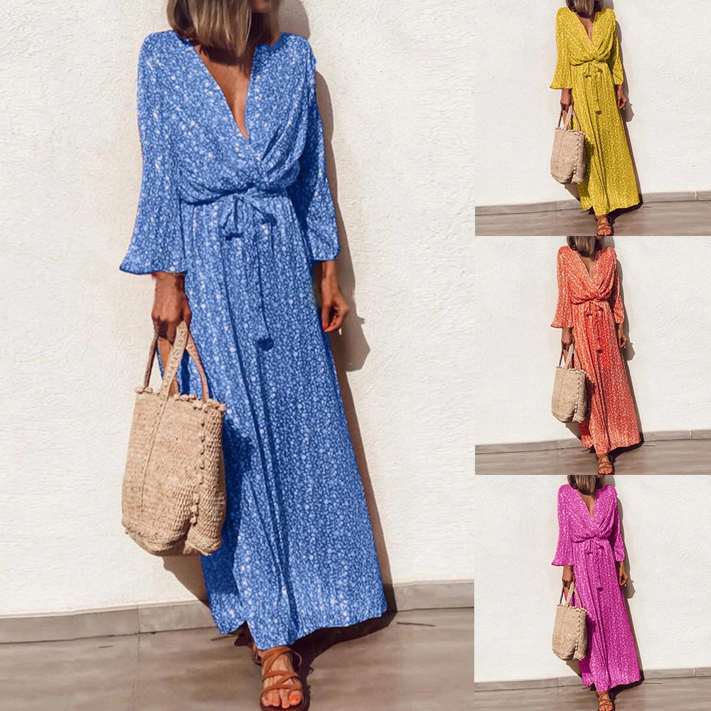 

Women V Neck Floral Print Dress Casual Long Summer Autumn Long Sleeve Maxi Boho Dress Trendy Sashes Party Vestidos Femme