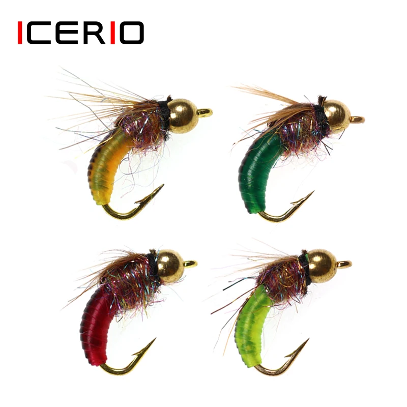 ICERIO 8PCS #12 Brass Bead Head Fast Sinking Nymph Scud Bug Worm Flies Trout Fly Fishing Lure Bait