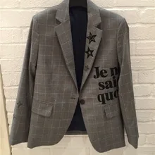 Серебряный клетчатый блейзер с надписью спереди и звездами, вышитый воротник с лацканами на одной пуговице, женский шерстяной костюм