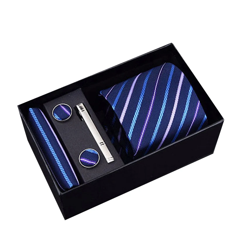 

Gift Box Men`s Necktie Hight Quality 8cm 100% Silk Tie Clips Hanky Cufflinks Necktie Sets Casual Formal Dress Wedding Party Ties
