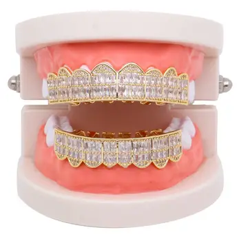

Shining Hip Hop Grillz Iced Out CZ Fang Mouth teeth grills Caps Top & Bottom tooth Set Men Women