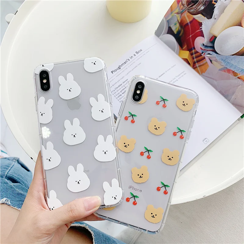 

INS Korea Red cherry Phone Case For Samsung Galaxy S10 S9 S8 S7 S6 Plus Lite edge Soft Transparent Cover Coque Cute Bear Rabbit