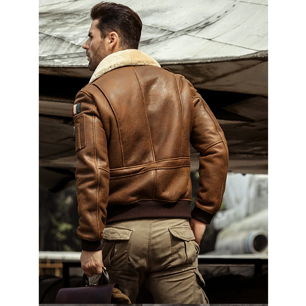 Mens Brown Shearling Jacket Leather Jacket Fur Coat Mens Airforce Flight Coat Embroidered Jacket