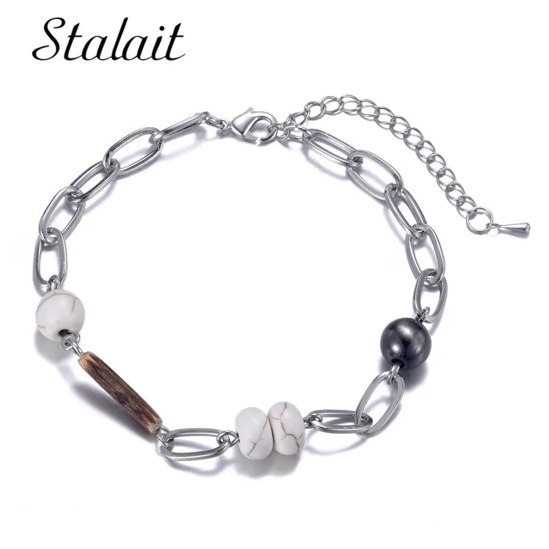 Black Beads Bracelets Wooden Fashion Jewelry Vintage Silver Color White Stone Rolo Link Balck