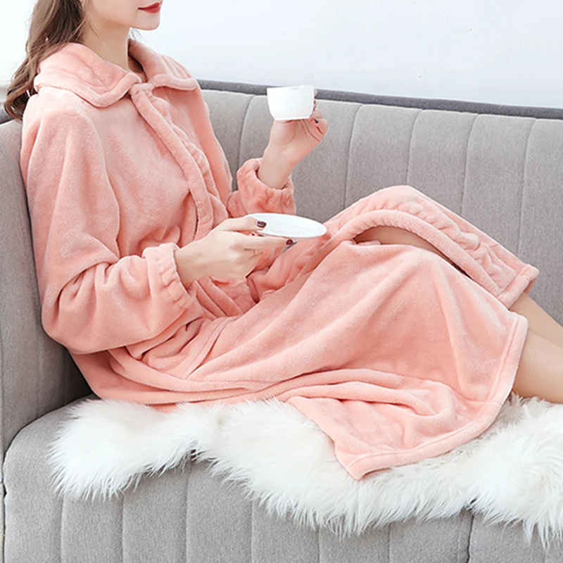 

Robes Women Flannel Mid-calf Autumn Winter Full Sleeves Solid Color Korean Style Warm Comfortable Absorption Thicken Large Size